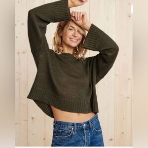 Jenni Kayne Forest Green cropped linen Crew Neck Sweater